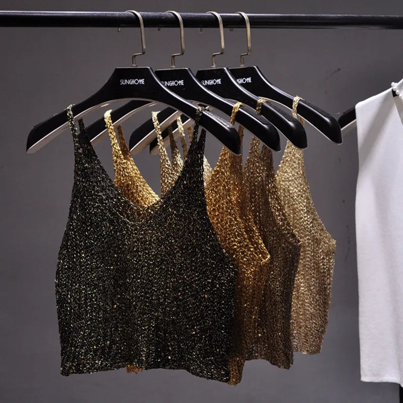 Sparkling Sequins Half Waist Render Knitwear Hollow-out Is Sexy Waist Condole Top Cropped  Sexy Streetwear   Woman Tops Summer