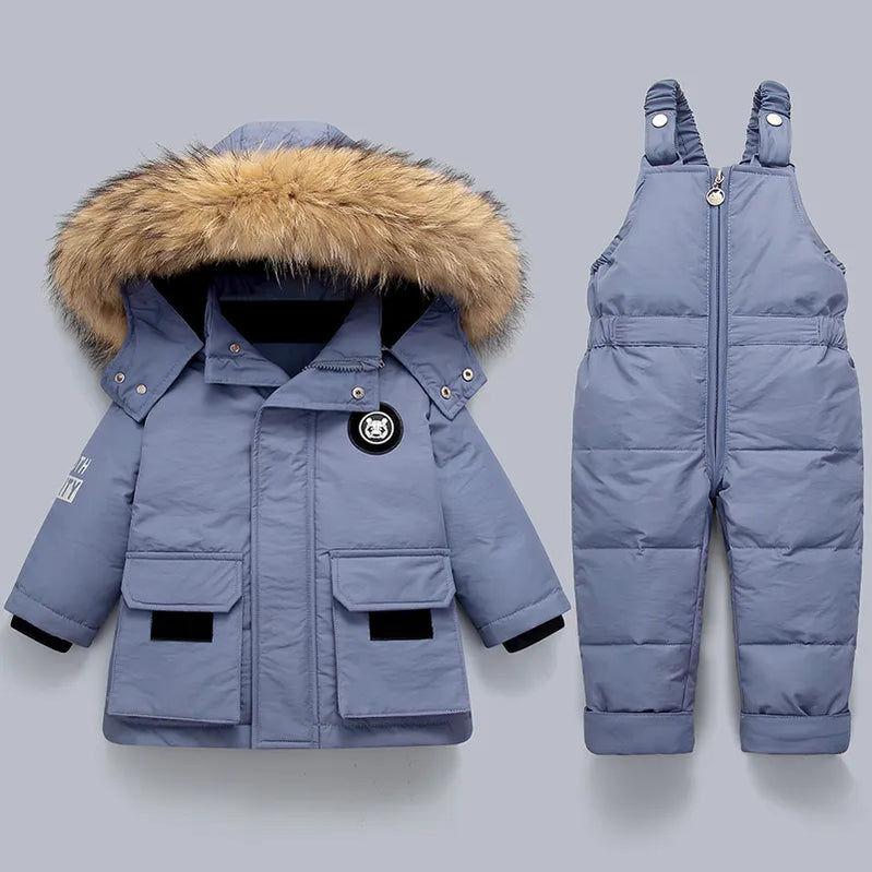 Children Down Suit Winter and Autumn Warm Boy Jacket Natural Fur Collar Baby Girls Snowsuit Coat Kids Parkas Outwear 1-5 Years Blue