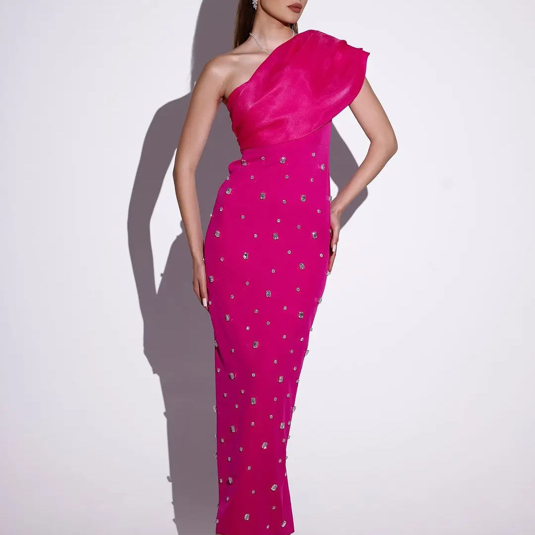 New 2 Colors Shining Diamonds Oblique Shoulder Ankle Length Bandage Dress Graceful Woman Party Dress Celebrity Party Vestido