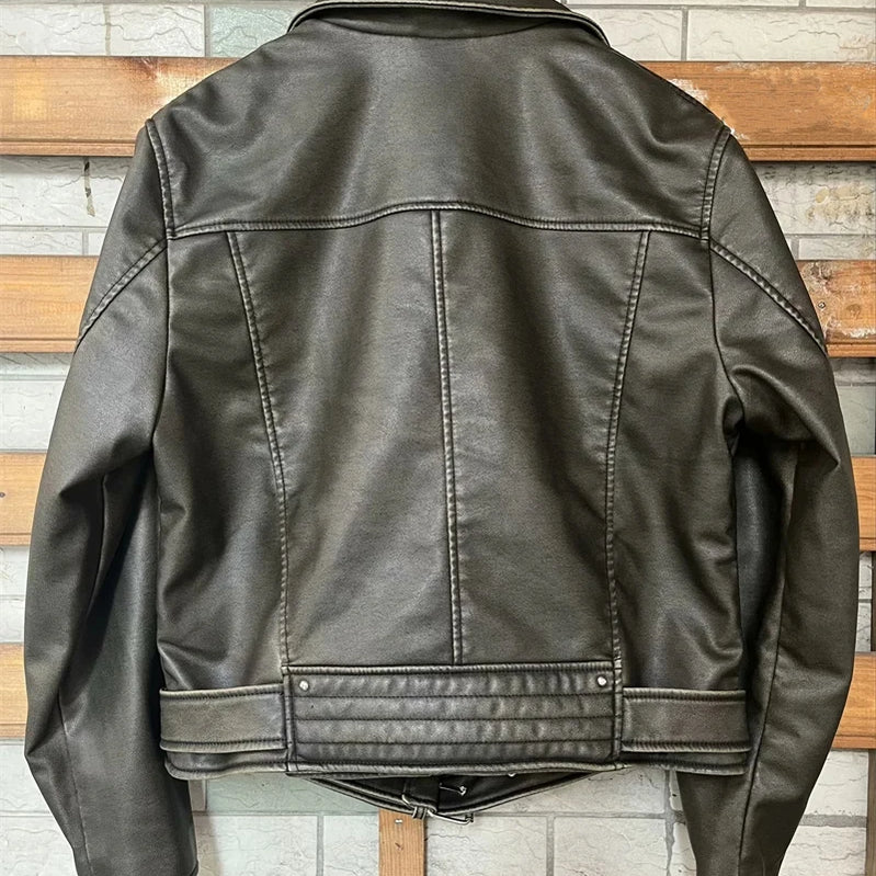 Spring Woman Faux Leather Jacket Chic Vintage Short Lapel Zipper Belt Biker Coats Fashion Streetwear Mujer Tops