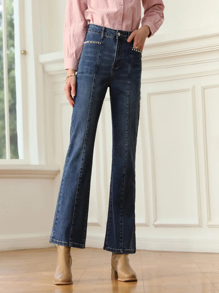 Denim Blue Women Jeans Beaded Spliced Autumn New Ankle-length Retro Elastic Female Flare Pants