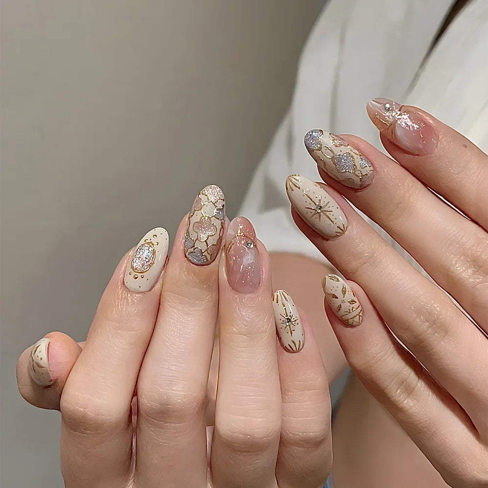 24 unidades/caixa unhas postiças curtas amendoadas com cobertura total, design de flores de jardim, unhas de pressão, arte vestível, manicure colorida para mulheres e meninas