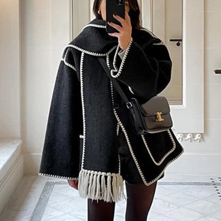 Fashion Embroidery Coat With Scarf For Women Long Sleeve Pockets Jacket Female Autumn Single Breasted Loose Lady Streetwear