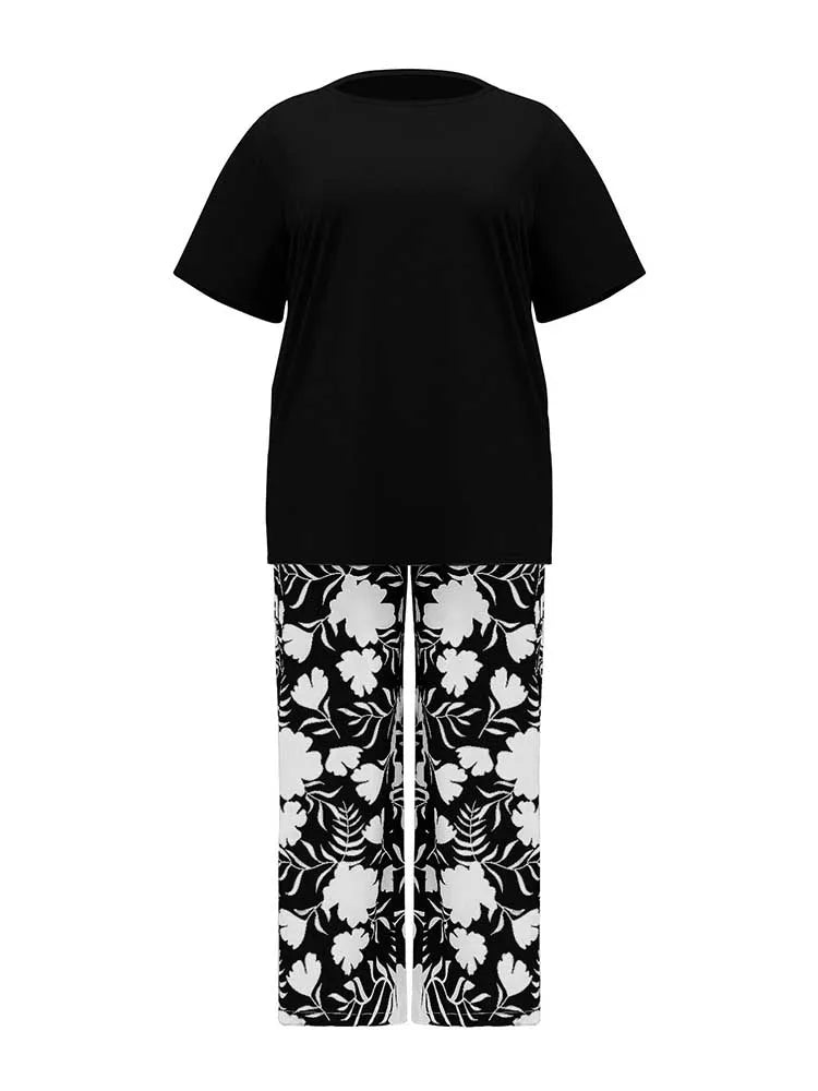 Two Piece Pants Set for Woman Summer Clothing Female Streetwear Casual Loose Tshirt and Print Trouser Plus Size Suit Set
