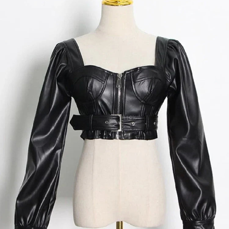 Y2k Black Faux Leather Crop Top Women Square Neck Long Sleeve Zipper Cropped Jacket 2021 Sexy Backless Fashion 5xl 6xl Black