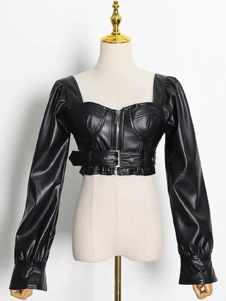 Y2k Black Faux Leather Crop Top Women Square Neck Long Sleeve Zipper Cropped Jacket 2021 Sexy Backless Fashion 5xl 6xl Black