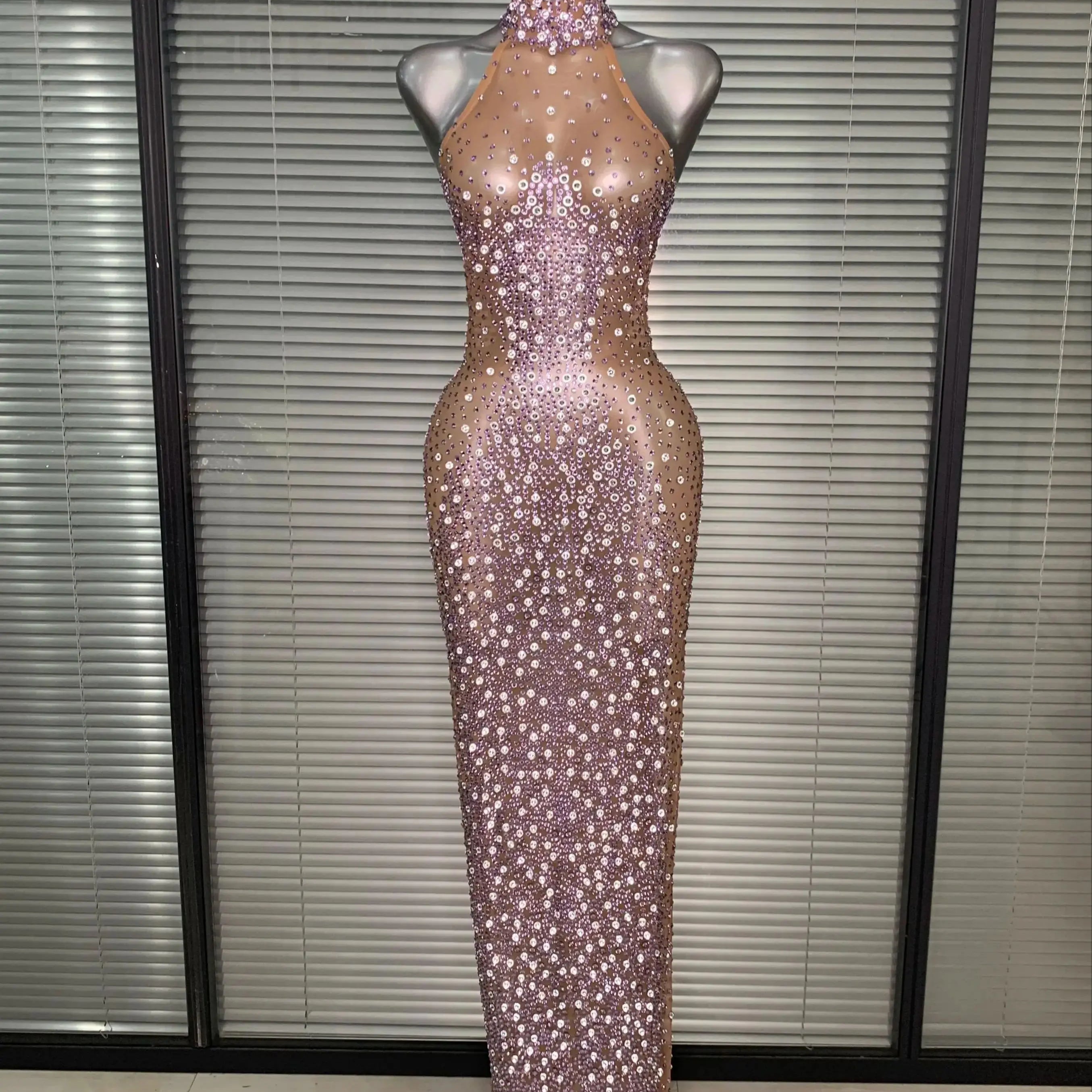 Women Sexy Mesh Crystal Diamonds Shinning Maxi Dress See Through Sheer Party Singer Stage Performance Costume