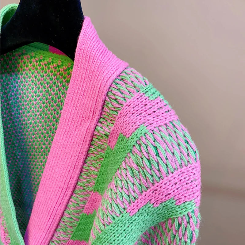 Women Color Block Green Crop Cardigan High Street Long Sleeve Knit Top Autumn Winter New in Korean Dongdaemun Fashion