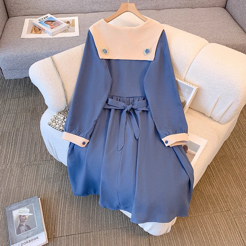 Plus Size Woman Preppy spring and autumn dress bow design girly commuter dress Graduation dress 5X-large, 6X-large blue.