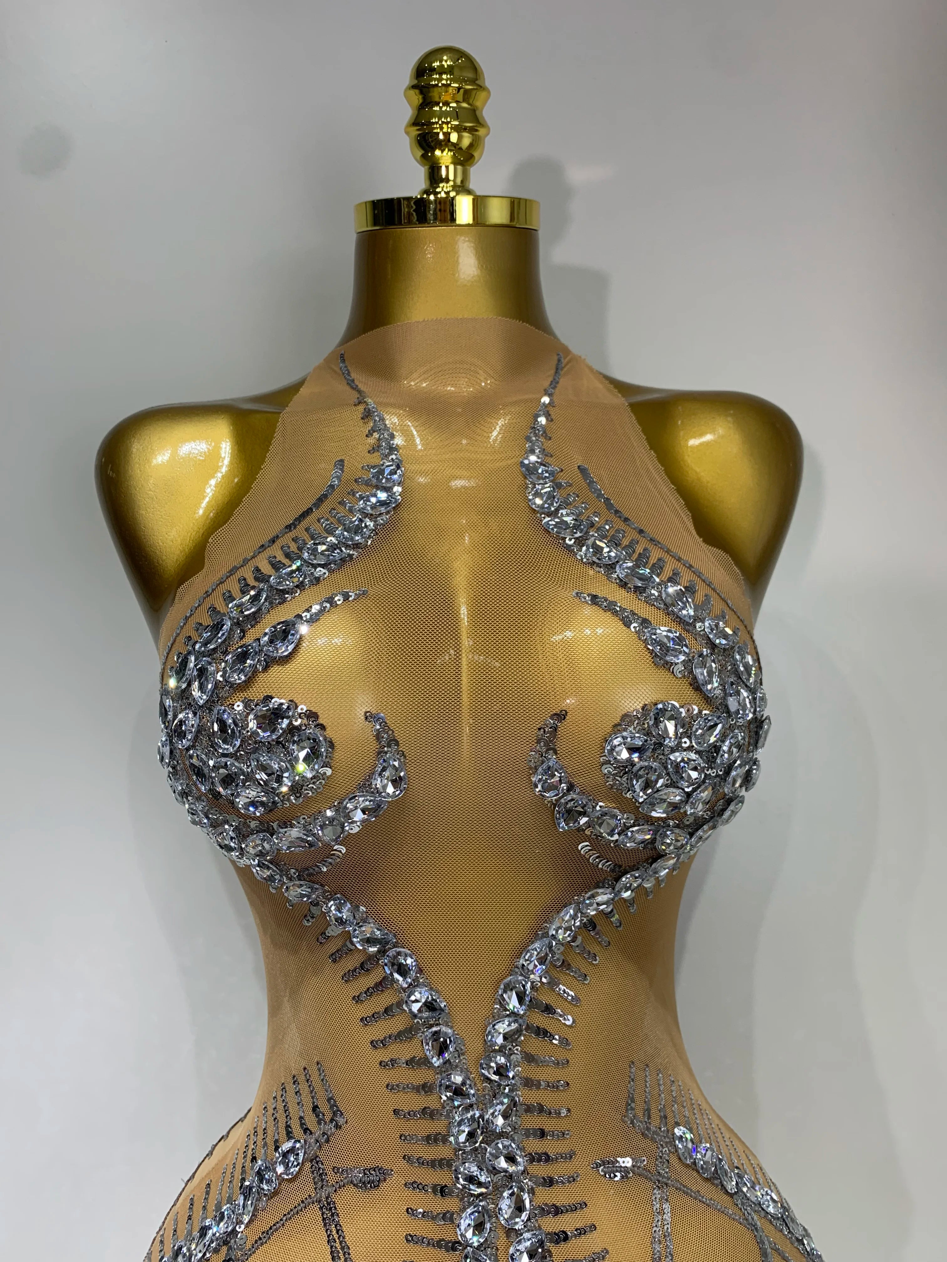 Luxury Party Cocktail Short Dress Women Mesh Sexy See Through Rhinestones Tassel Dress Nightclub Perform Singer Stage Costume