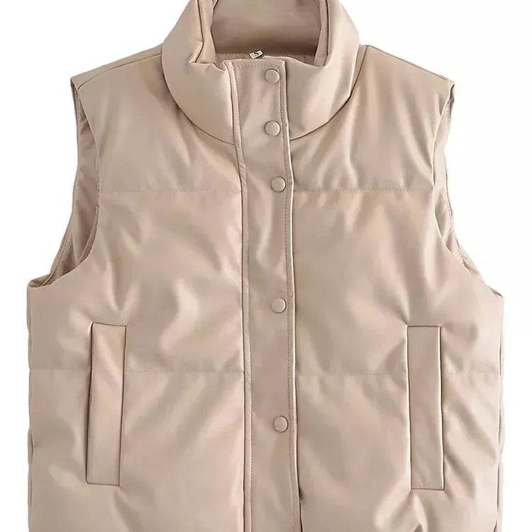 Autumn Winter PU Leather Coat Women Black Stand Collar Vests Women Fashion Zipper Elegant Short Vests Female Ladies Beige