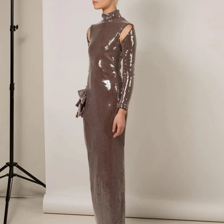 Brown Shinning Sequins Womne Long Sleeve Sexy Florals Bodycon Long Dress High Split Nightclub Party Celebrate Birthday Dress