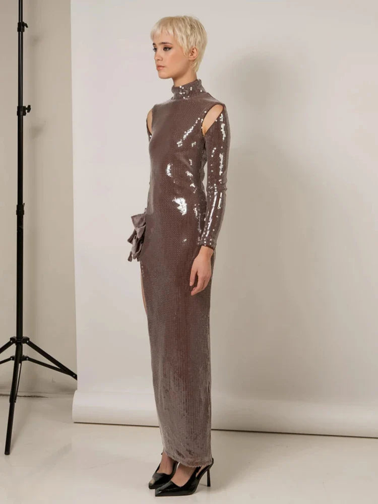 Brown Shinning Sequins Womne Long Sleeve Sexy Florals Bodycon Long Dress High Split Nightclub Party Celebrate Birthday Dress