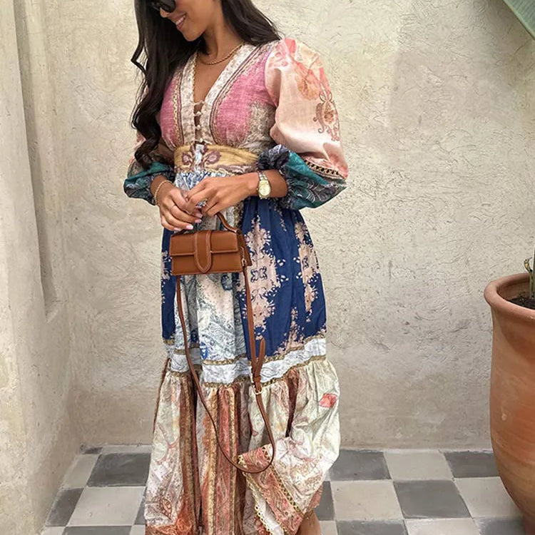 Vintage Women's Patchwork Printed Hollow Out Maxi Dress Fashion V Neck Long Sleeved Loose Dresses New Spring Female Street Robes