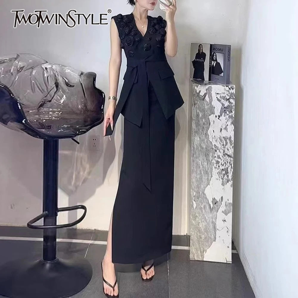 TWOTWINSTYLE Solid Spliced Applique Two Piece Sets for Women V Neck Sleeveless Patchwork Lace Up Top High Waist Skirt Set Female