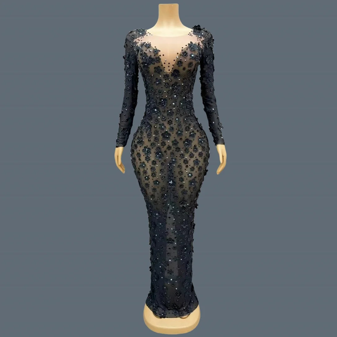 Shine Rhinestone Black Evening Dress Sheer Mesh Tight Fitting Flower Long Dress Elegant Mysterious Party Sexy Women Dress Cunjie