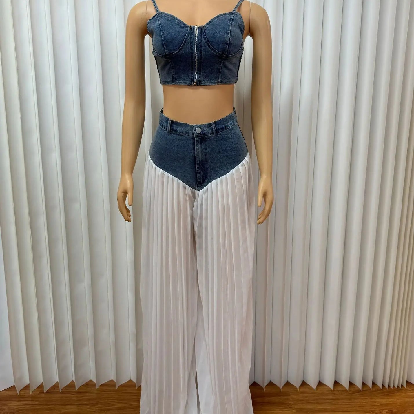 CM.YAYA Fashion Denim Chiffon Women's Set Strapless Crop Top and Jeans Pants Suits 2025 Sexy Party Club Two 2 Piece Set Outfits