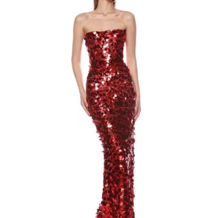 Christmas Style Women Shinning Red Sequins Strapless Bodycon Long Dress Celebrate Birthday Party Nightclub Outfit Vestido
