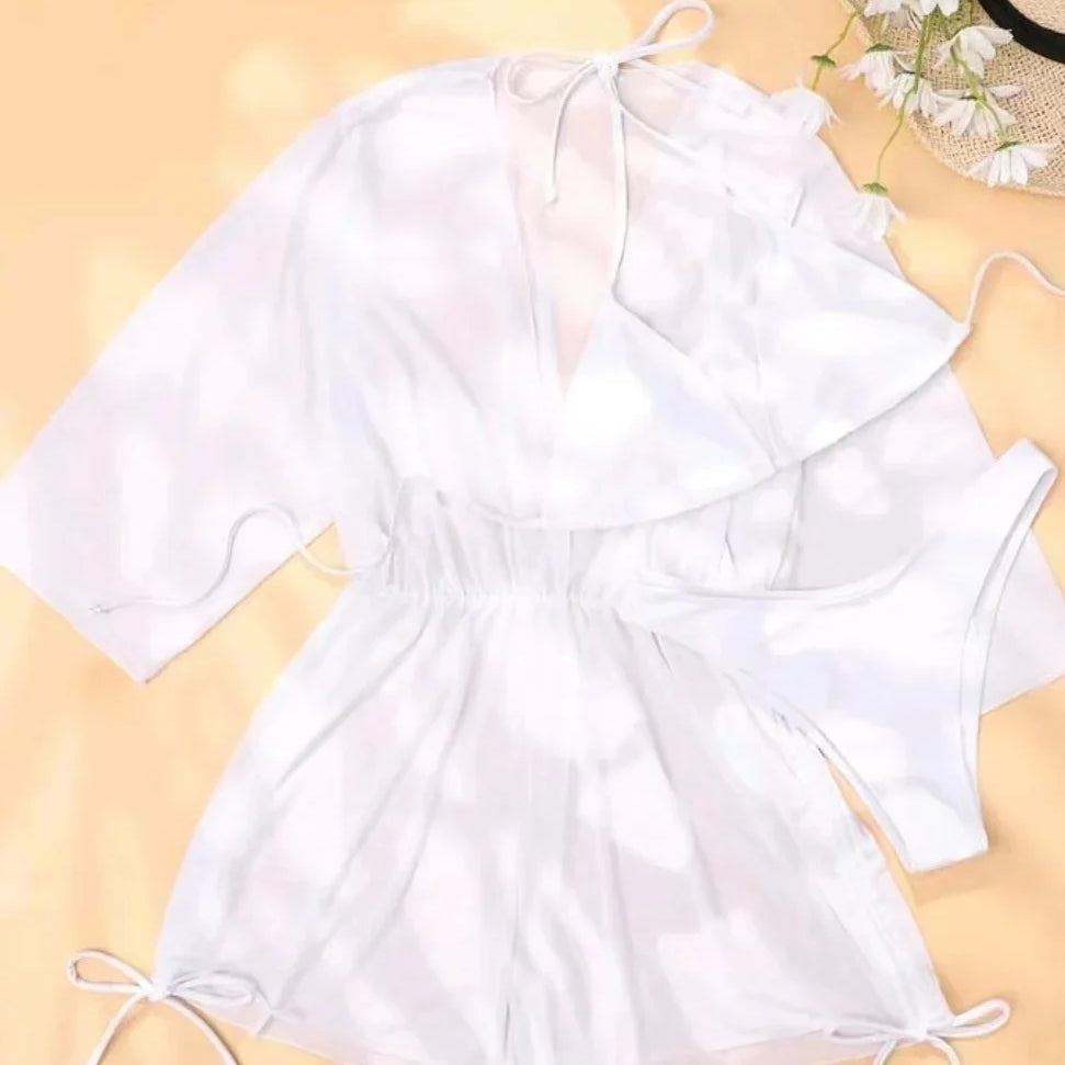 3 Pieces Bikini Tropical Print Swimsuit Halter Drawstring Side Swimwear Women 2023 Bathing Suit Female Swimming Summer Beachwear White