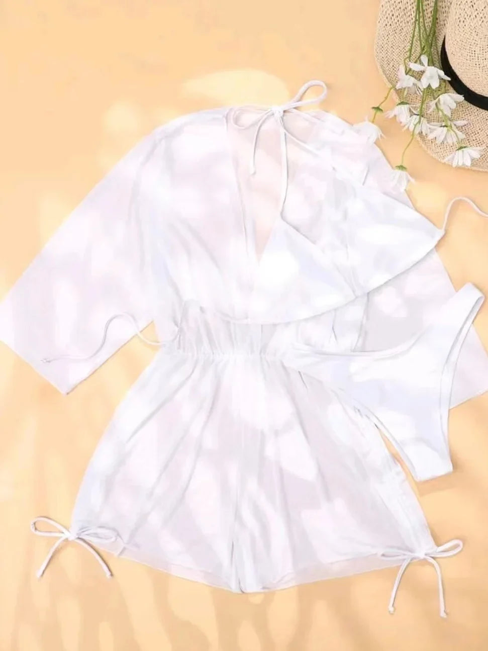 3 Pieces Bikini Tropical Print Swimsuit Halter Drawstring Side Swimwear Women 2023 Bathing Suit Female Swimming Summer Beachwear White