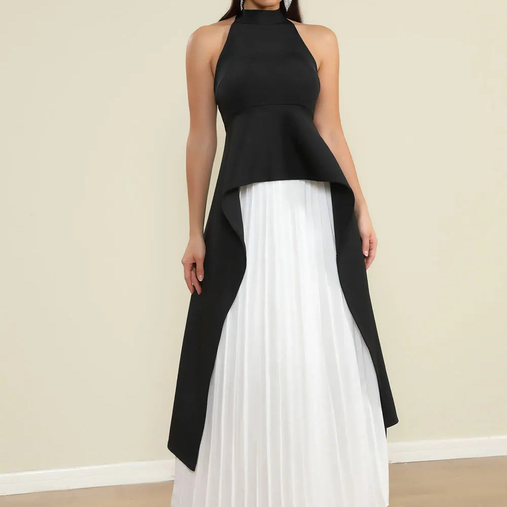 2025 Elegant Women's Loose pleated Long Dress with Stand up Collar and Sleeveless Black and White Dress Fashion Banquet Vestidos