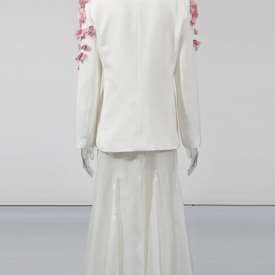 TWOTWINSTYLE Spliced Petal Two Piece Sets for Women V Neck Long Sleeve Patchwork Lace Up Top High Wasit Skirt Elegant Set Female