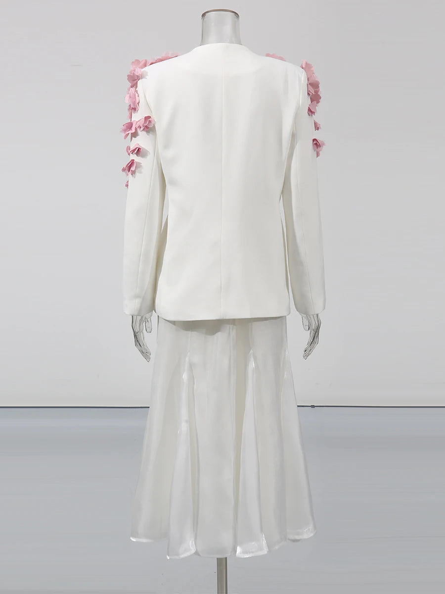 TWOTWINSTYLE Spliced Petal Two Piece Sets for Women V Neck Long Sleeve Patchwork Lace Up Top High Wasit Skirt Elegant Set Female