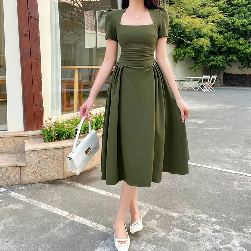 Women's Long Dresses New Top Pure Color Casual Temperament Elegant Extended Vintage Tea Break Short Sleeve Long Dresses