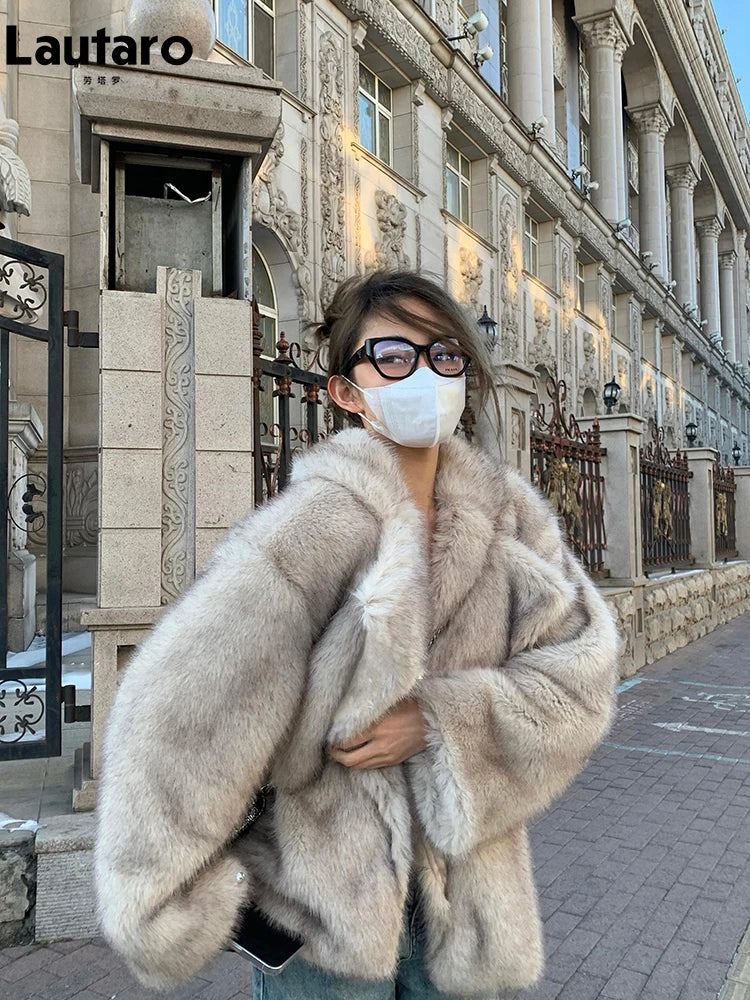 Lautaro Autumn Winter Oversized Loose Casual Luxury Soft Thick Warm Hairy Faux Fox Fur Coat Women Long Sleeve Fluffy Jacket 2024 Beige gray