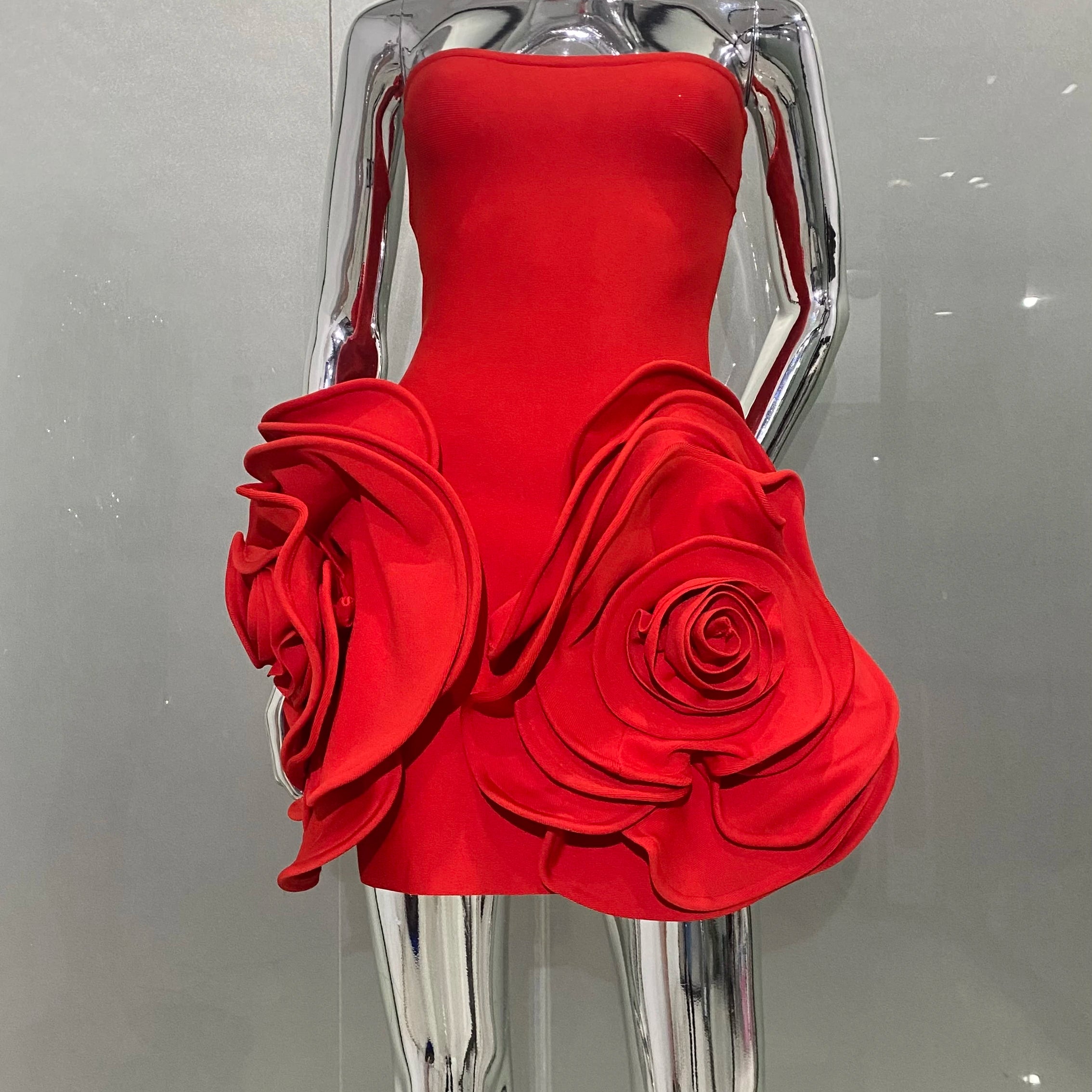 New Stereoscopic Flowers Strapless Red Bandage Mini Evening Dress Fashion Woman Birthday Party Dress Celebrity Party Outfit