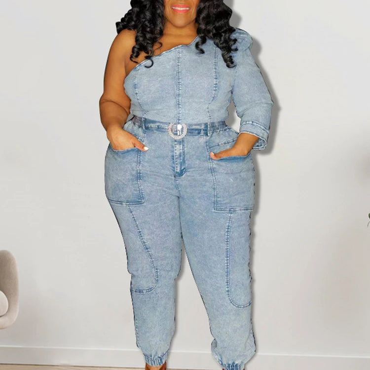 Two Piece Set Women Top and Pants Fashion Sexy One Shoulder Top Elastic Jeans Plus Size Matching Sets Wholesale Dropshipping