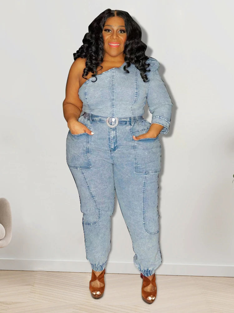 Two Piece Set Women Top and Pants Fashion Sexy One Shoulder Top Elastic Jeans Plus Size Matching Sets Wholesale Dropshipping