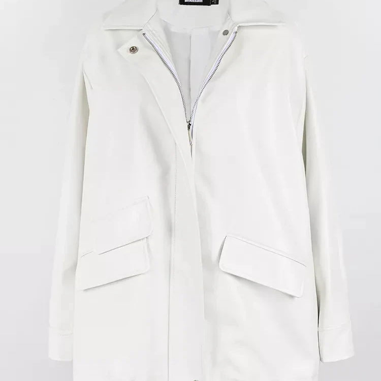 Spring Autumn Oversized Casual Waterproof Black Soft Pu Leather Jacket Women with Drop Shoulder Long Sleeve Fashion 2022 White
