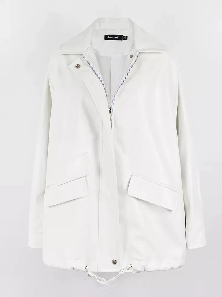 Spring Autumn Oversized Casual Waterproof Black Soft Pu Leather Jacket Women with Drop Shoulder Long Sleeve Fashion 2022 White