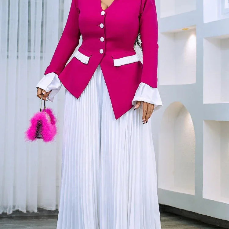 CM.YAYA Women's Set Full Flare Sleeve Button Blazer Shirt + Pleated Long Pants Suit Streetwear Two 2 Piece Set Africa OL Outfits