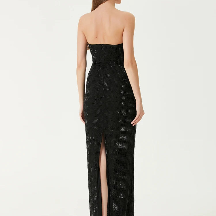 VC Strapless V Neck Sparkling Diamonds Bandage Long Dress Women Black Sleeveless Backless Shiny Bodycon Celebrity Evening Gowns