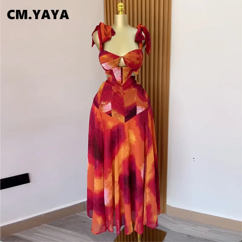 CM.YAYA Fashion Printed Women Long Dresses Beach Holiday Street Bowknot Crop High Waist Big Swing Fake 2 Piece Party Dress 2025