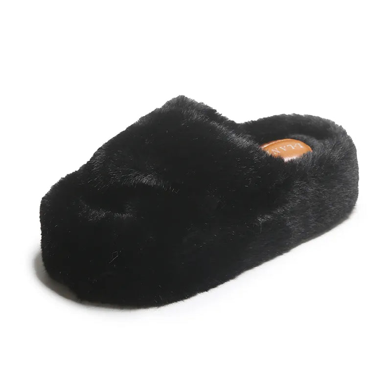 Chunky Platform Fur Slippers Women Winter Thick Bottom Furry Outdoor Slippers Woman Plus Size 42 Short Plush Designer Shoes Black