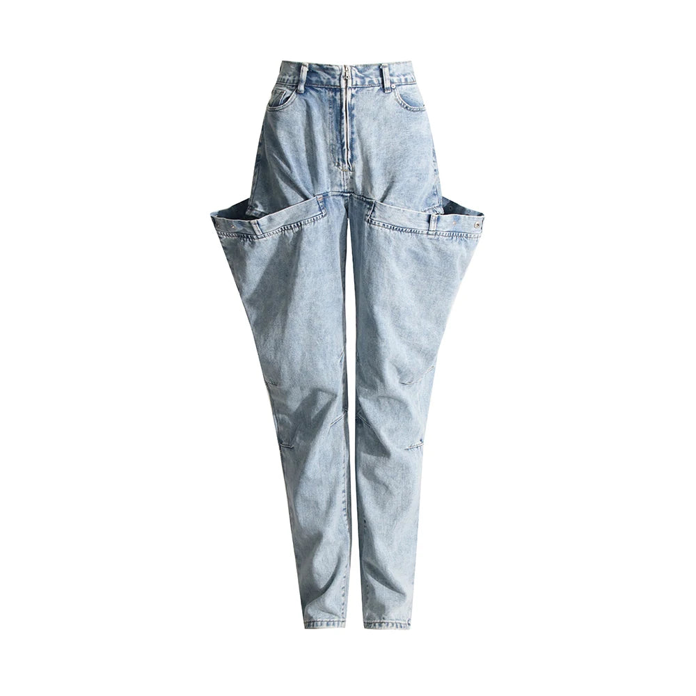 Irregular Hollow Out Spliced Button Jeans For Women High Waist Patchwork Zipper Streetwear Denim Long Trousers Female Style Blue