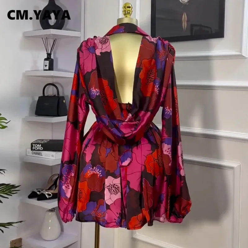 CM.YAYA Women V-neck Long Sleeve Pleated Floral Print Mini Dress Sweet elegant Sexy Birthday Beach Night Party Vestidos Dresses