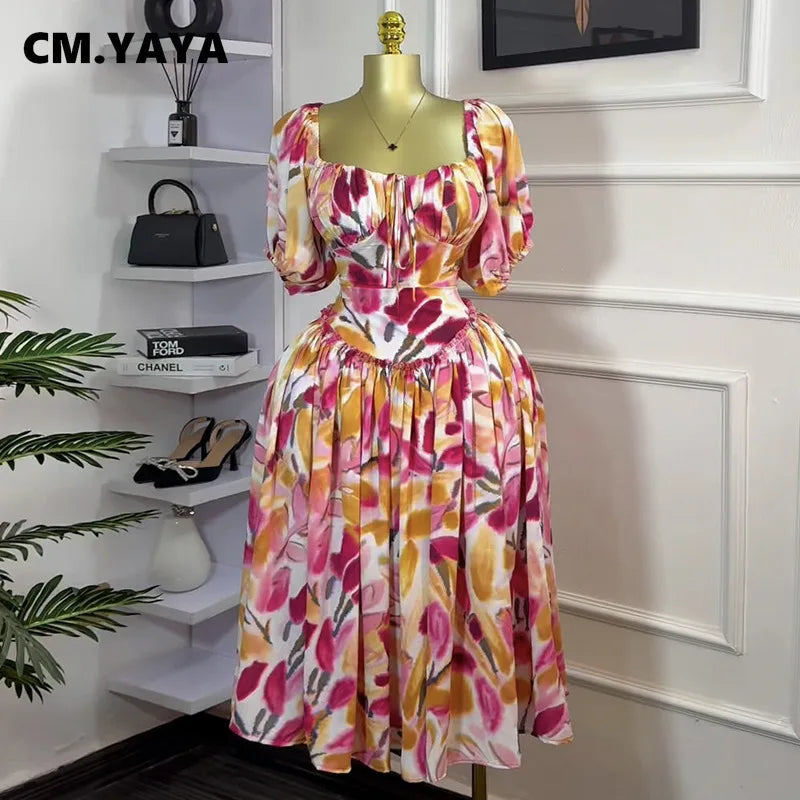 CM.YAYA Women Tulip Foral Printed Lantern Short Sleeve Big Swing High Waist Dress 2025 Chic Birthday Party Vestidos Sexy Dresses