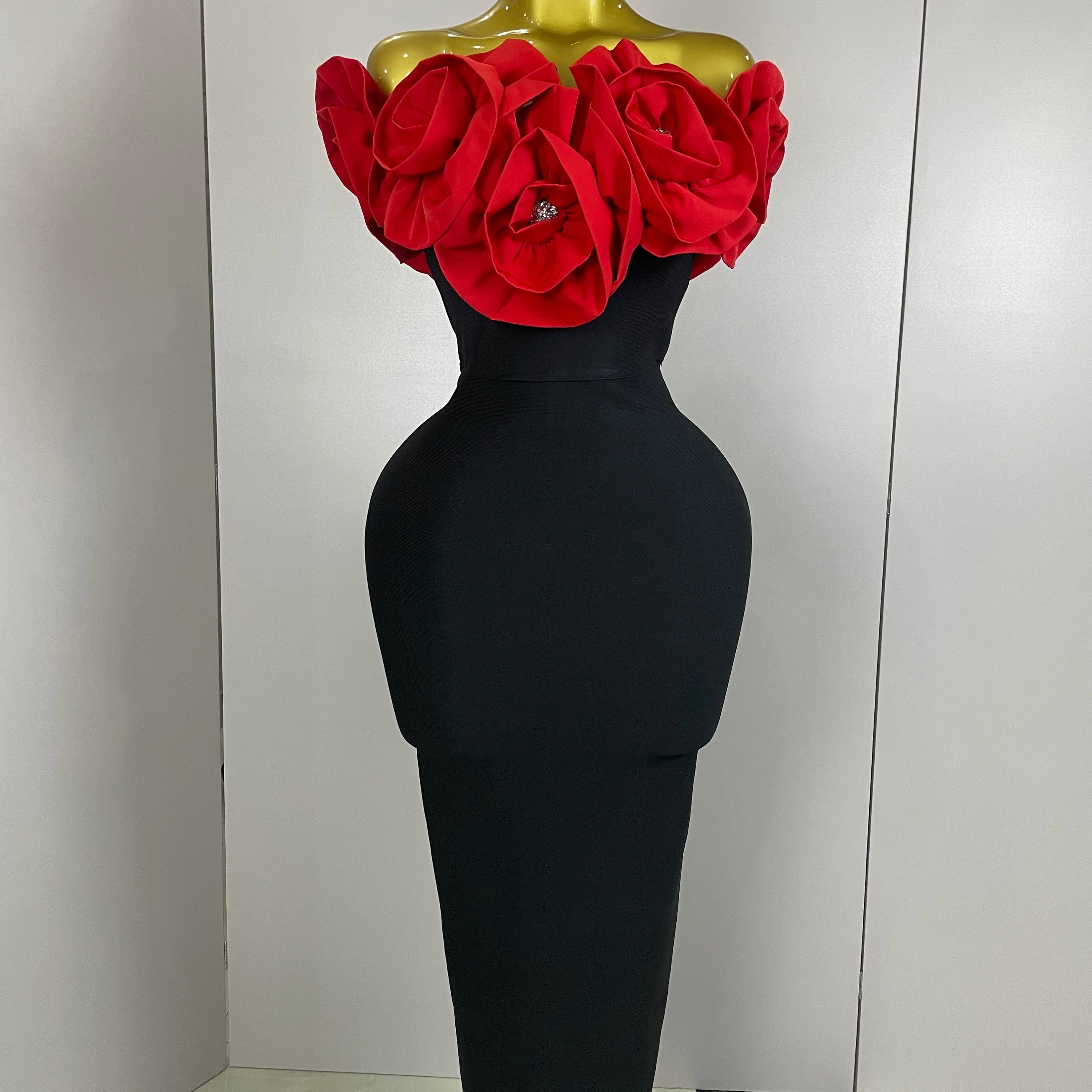 New Stereoscopic Red Flowers Sexy Off The Shoulder Ankle Lenght Bandage Dress Woman Birthday Party Vestido Wedding Party Outfit