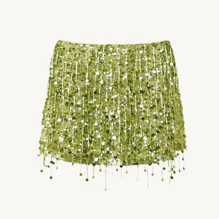 Y2K Tassel Sequin Mini Skirt Sets Women Crop Backless Sling Vest Short Hip Package A-line Skirts 2025 Summer Party Club Outfits