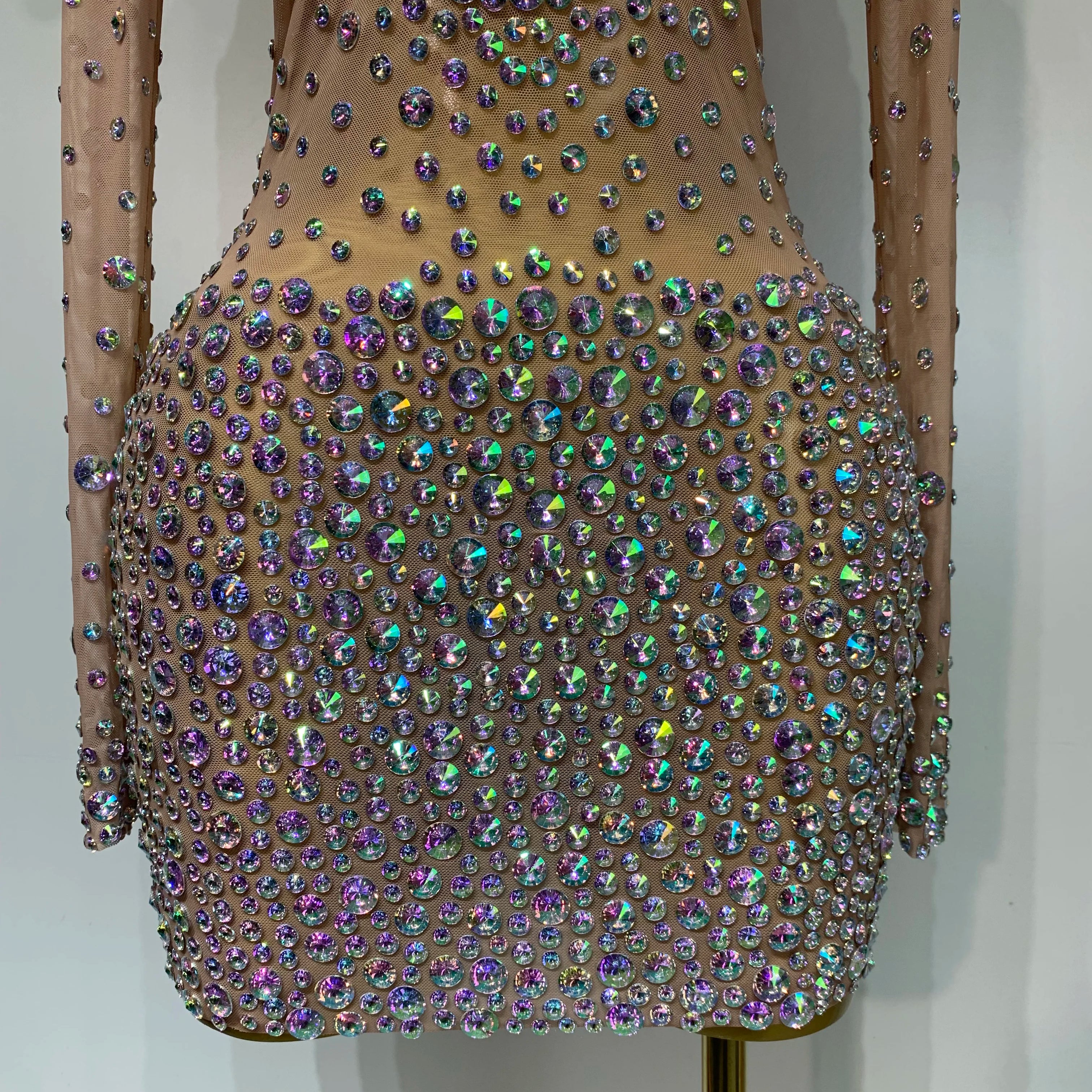 Sparkly Luxury Rhinestones Colourful Mini Dress Women Sexy Mesh See Through Birthday Performance Costume Dancer Stage Wear