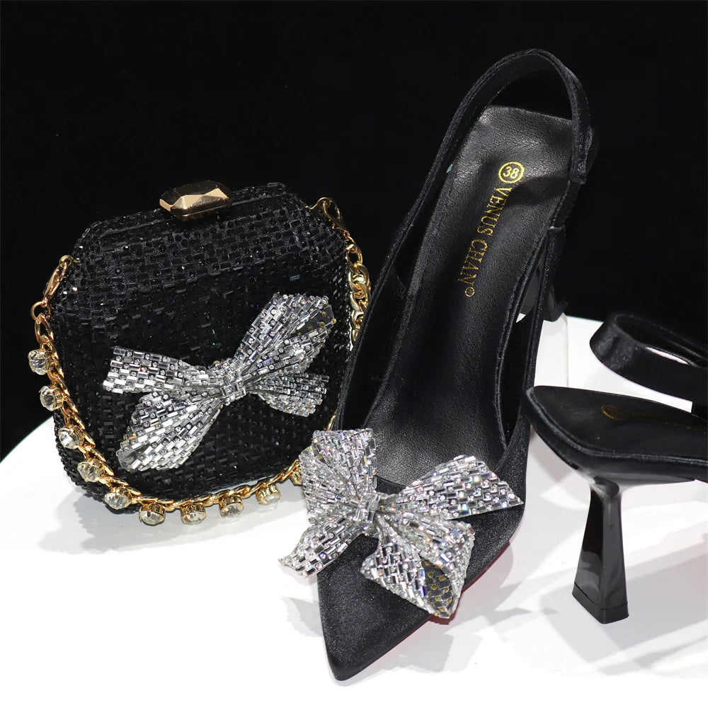 2024 High Quality Rhinestones Design Ladies Shoes Matching Bag Set in Fuchsia Color For Party black