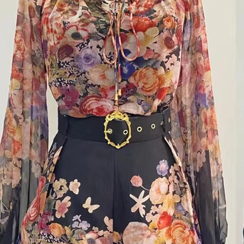 Shot Spot Australia Positioning Printing Top Three-Dimensional Flower Lace-up Top + Wide Leg Shorts Suit Women