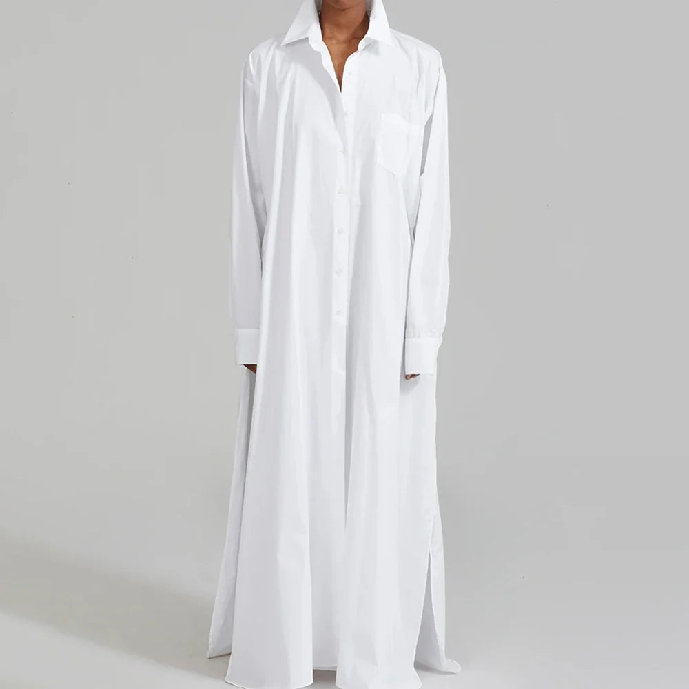 Solid Minimalist Split Dresses For Women Lapel Long Sleeve High Waist Patchwork Single Breasted Loose Dress Female