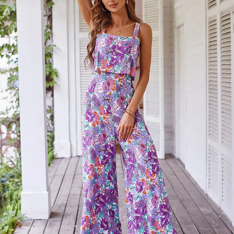 Elegant Long Jumpsuit Women Sexy Backless Wide Leg Jumpsuits Casual Sleeveless Floral Rompers Summer Clothes For Woman New PURPLE