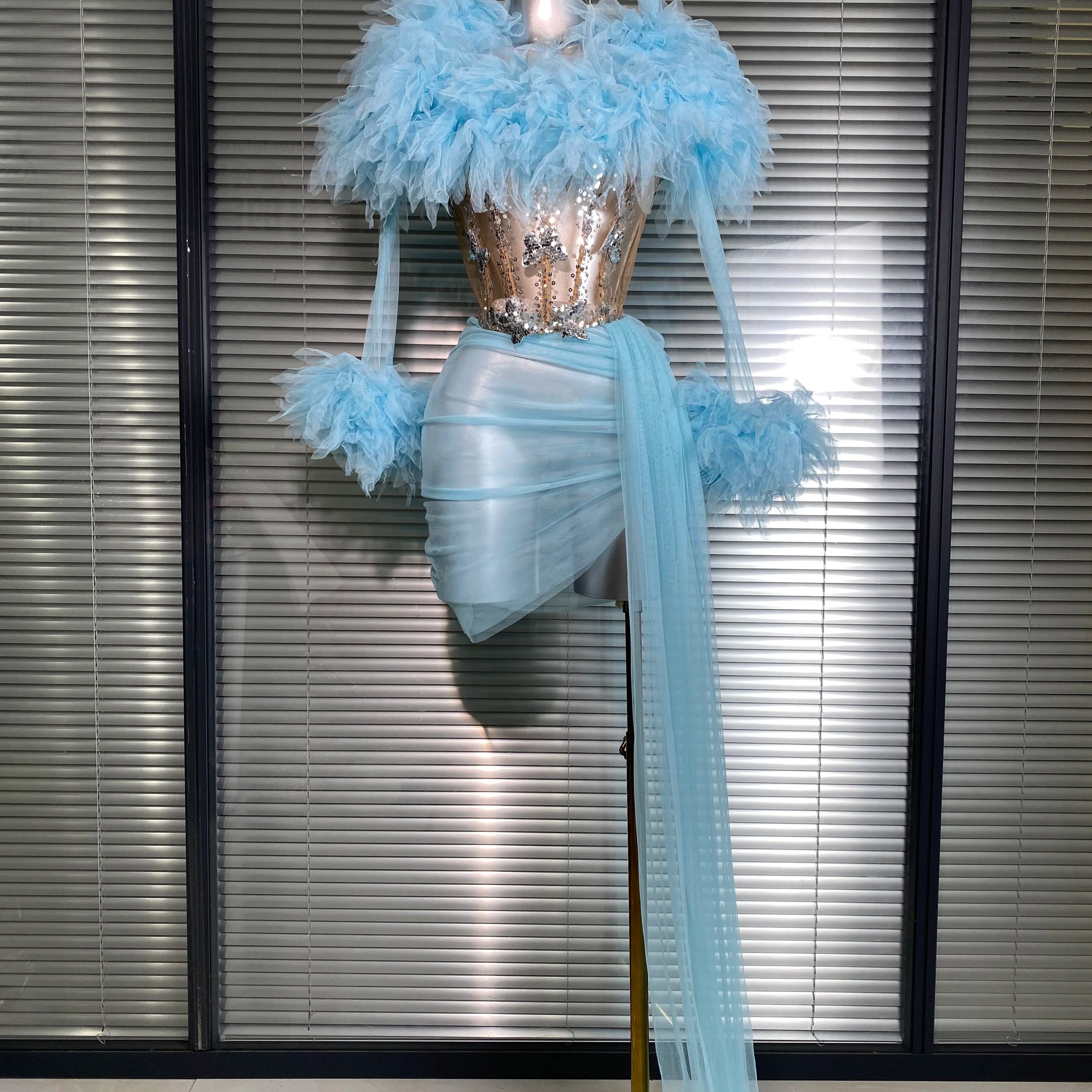 Summer New 2025 Sexy Two Pieces Set Women Celebrity Sky Blue Mesh Night Club Sheer Skirt Suits Stage Performance Costume