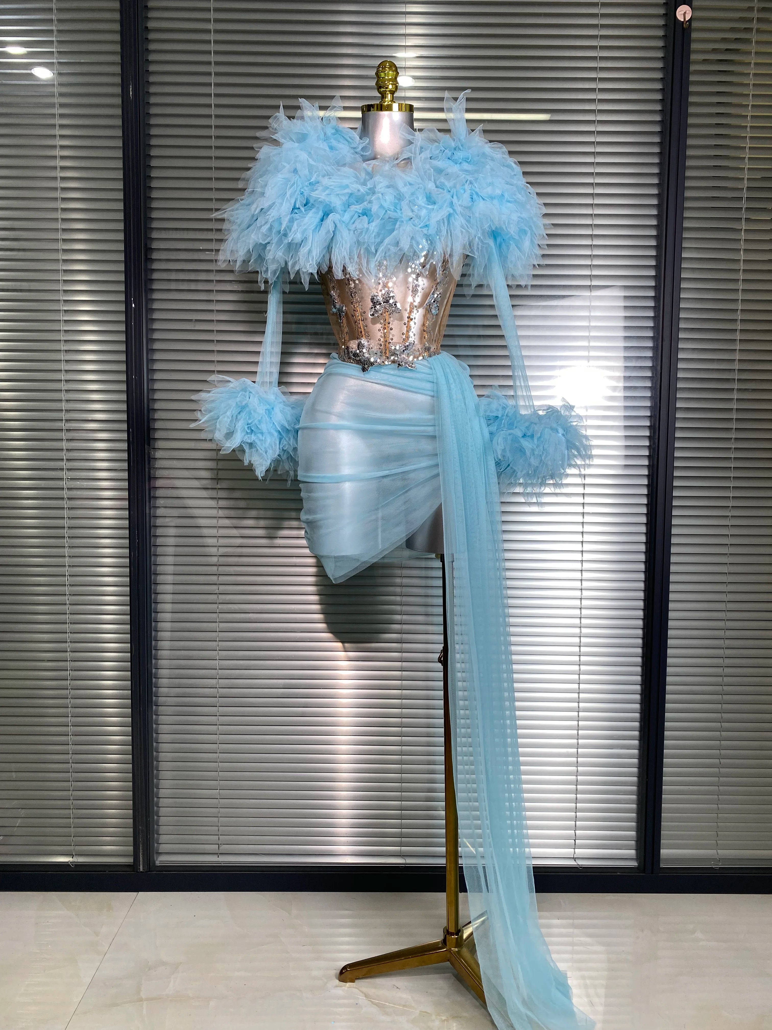 Summer New 2025 Sexy Two Pieces Set Women Celebrity Sky Blue Mesh Night Club Sheer Skirt Suits Stage Performance Costume
